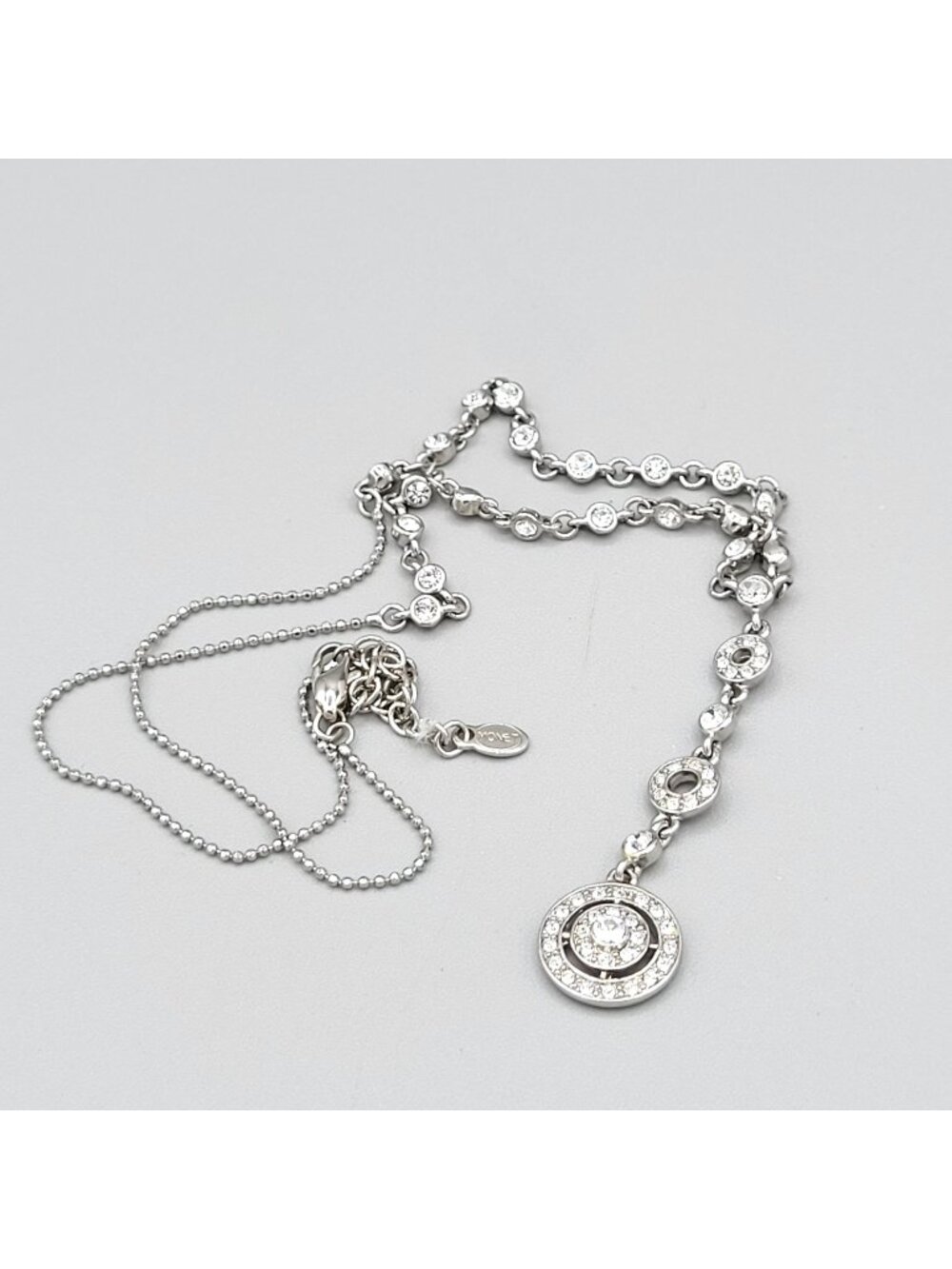 Monet Triple Circle Drop Statement Necklace White Crystals Ball Chain Vintage